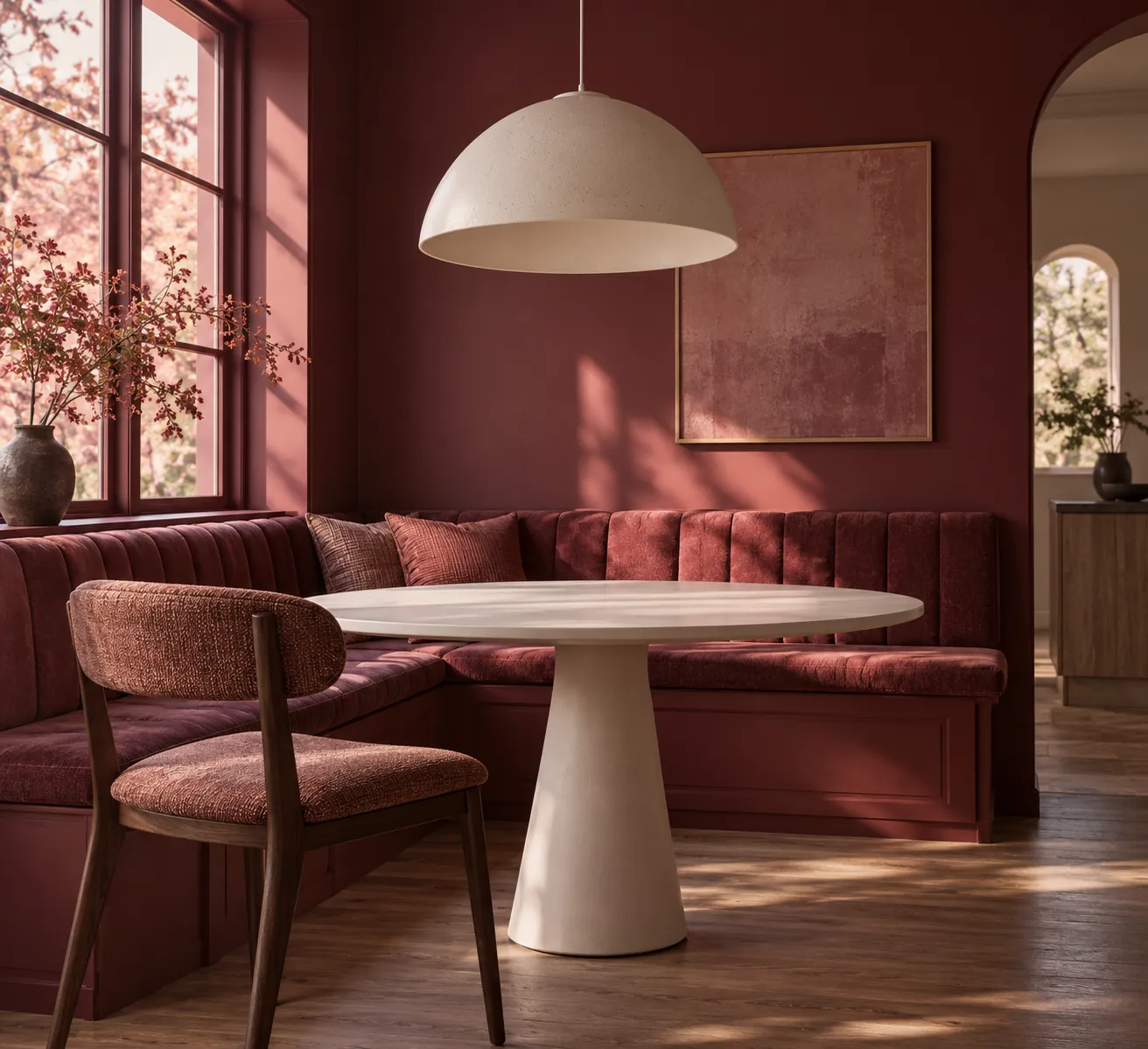 Pale ceramic hanging shade above a white table in a burgundy breakfast nook