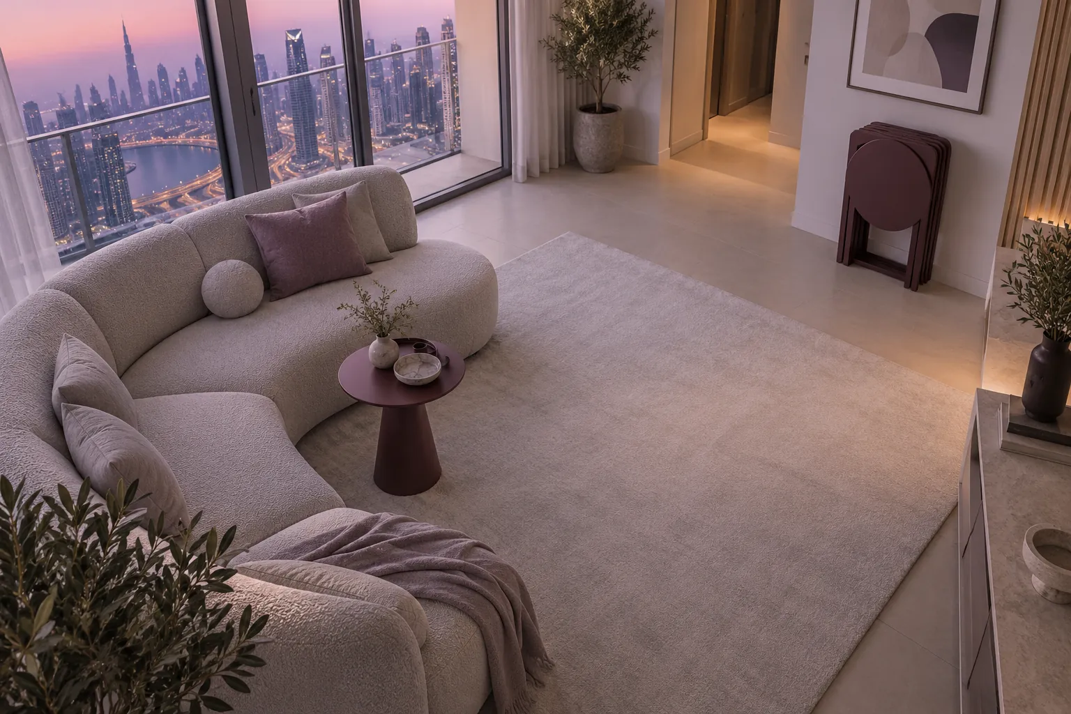 Pale curved sectional and small pedestal table in a high-rise lounge at dusk