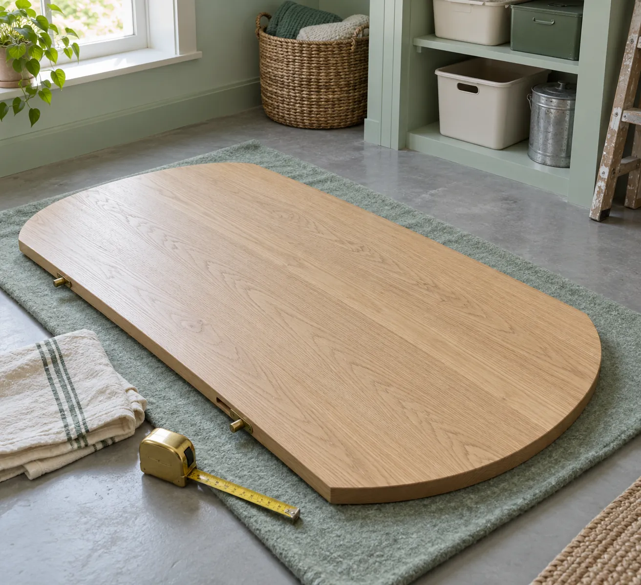 Pale oak extension leaf on a sage felt pad beside a measuring tape