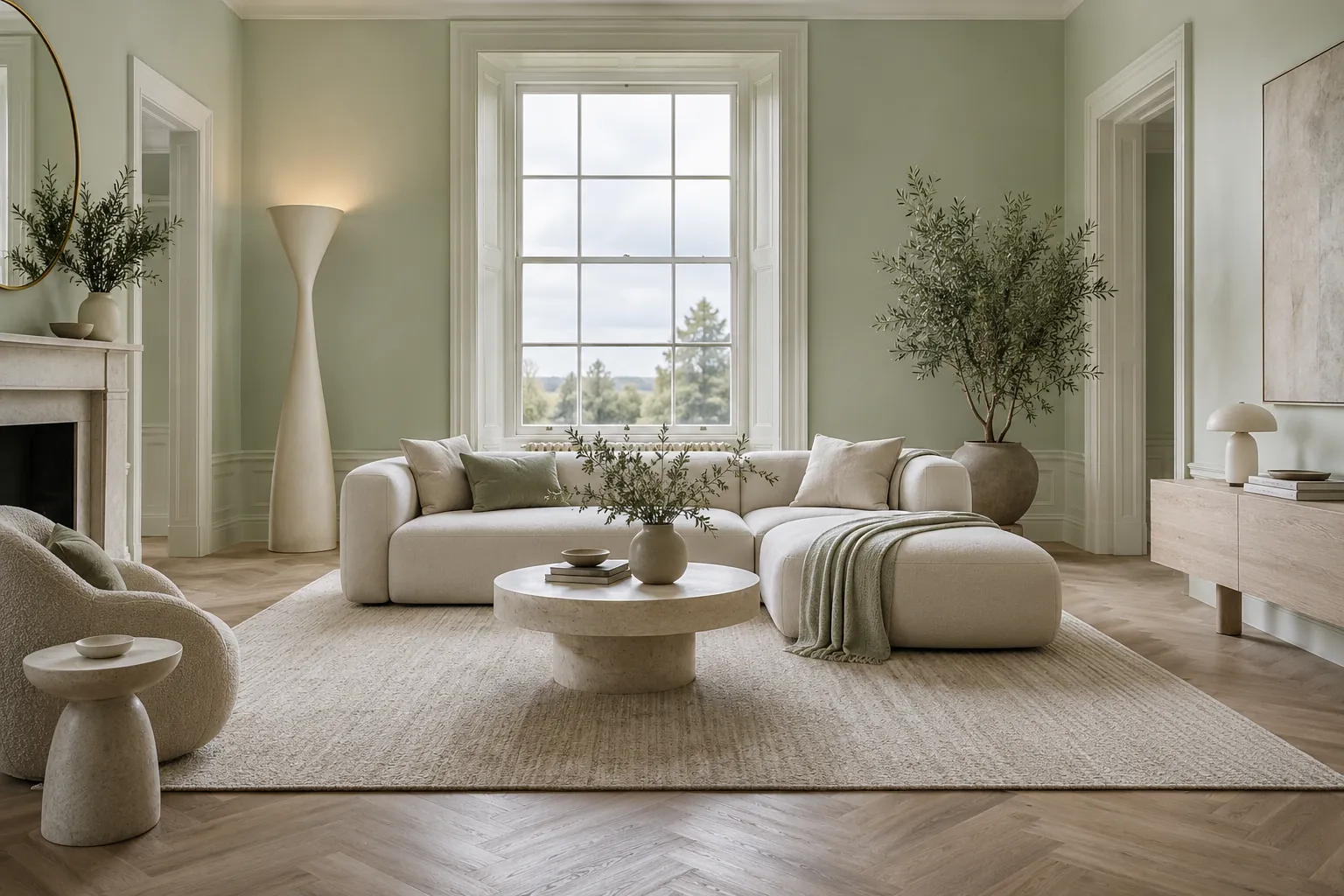 Pale sage living room with cream sectional and tall floor lamp