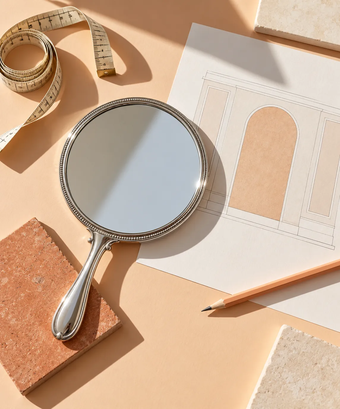 Peach planning table with a hand mirror, drawing and material samples
