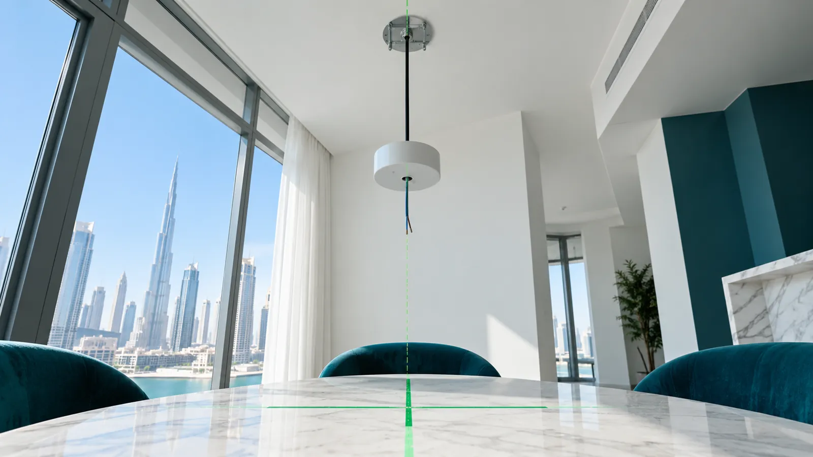 Pendant canopy and ceiling support details aligned above a dining table