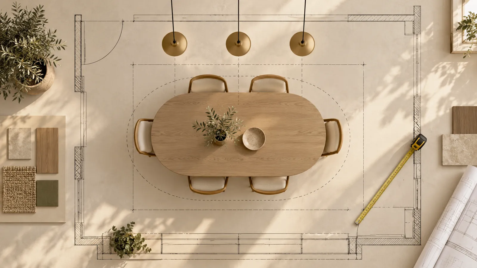Pendant ceiling points and dining table footprint on an architectural plan