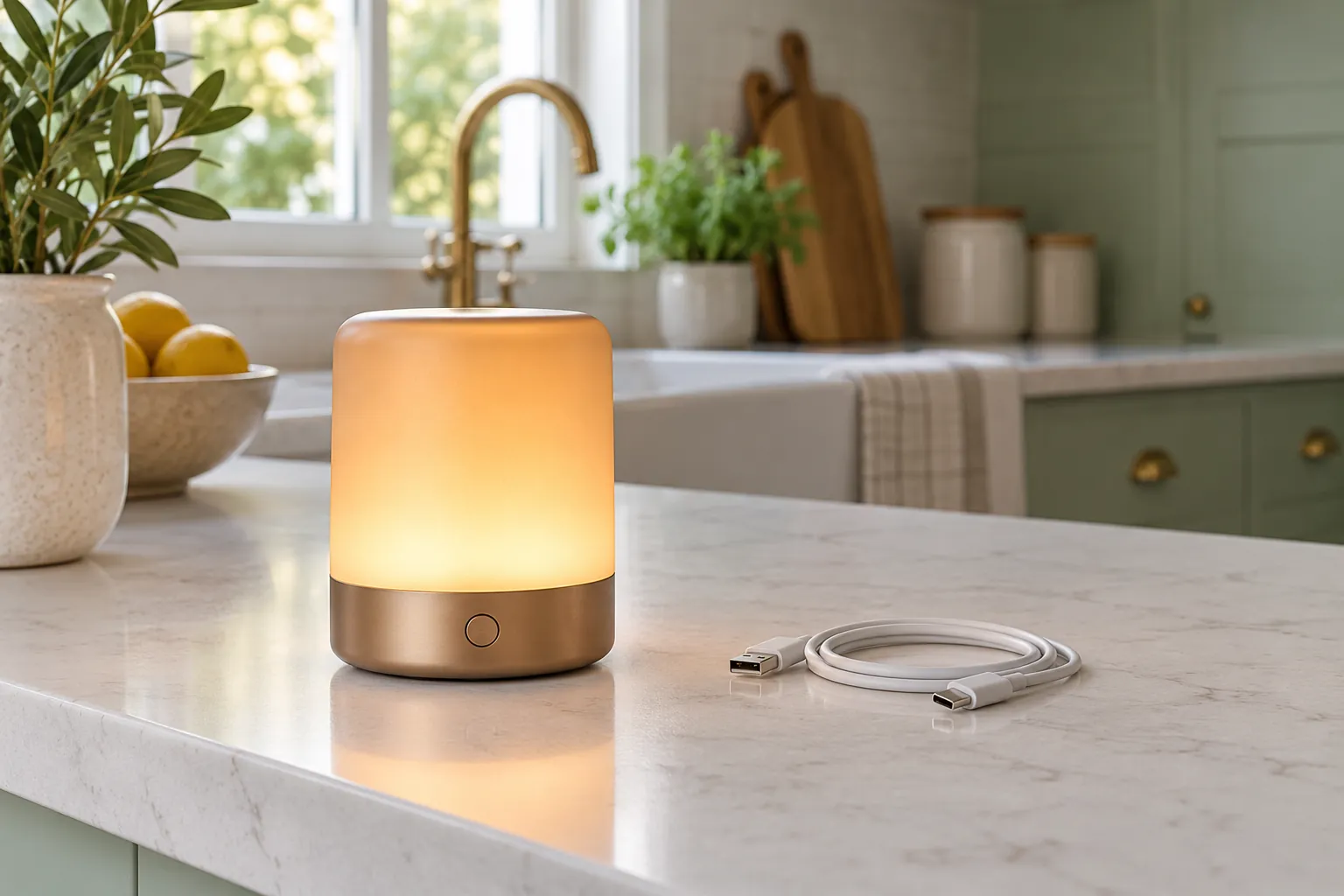 Portable amber lamp and coiled charging cable on a white kitchen counter
