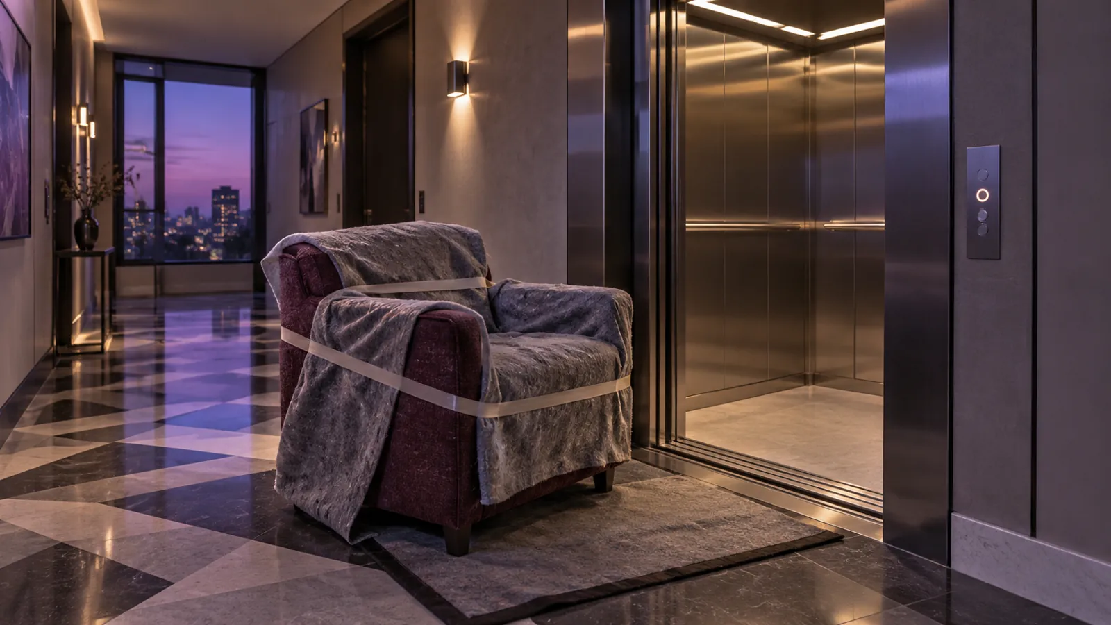 Protected burgundy armchair staged beside an apartment lift