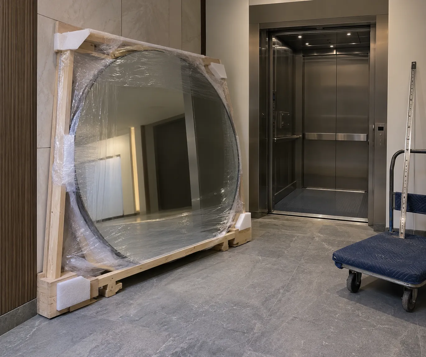 Protected round mirror staged beside a Dubai residential service lift