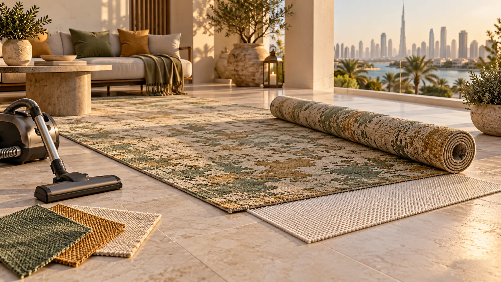 Rolled outdoor rug, underlay and care tools on a covered terrace