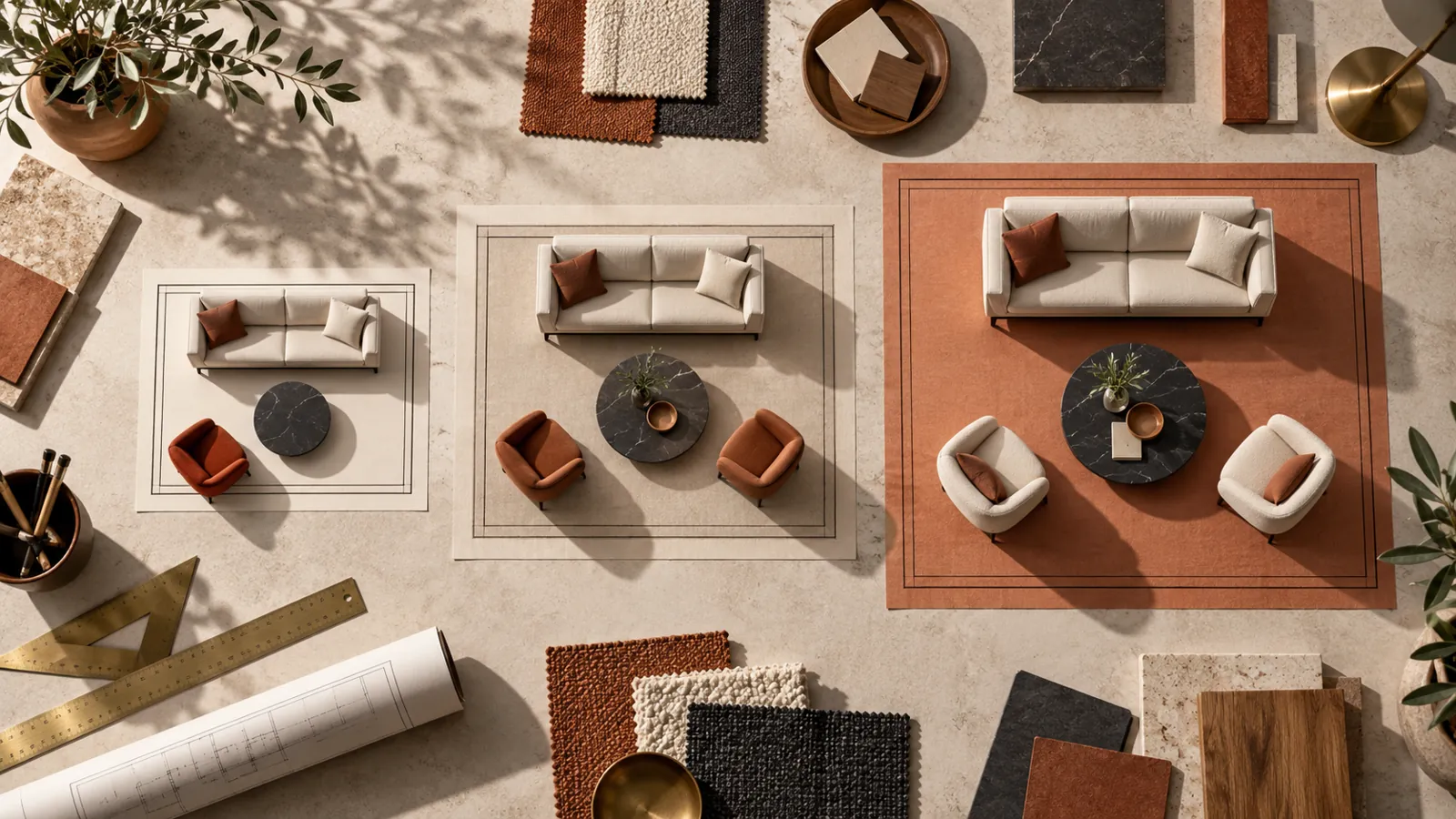 Rug size templates with miniature furniture on a design table