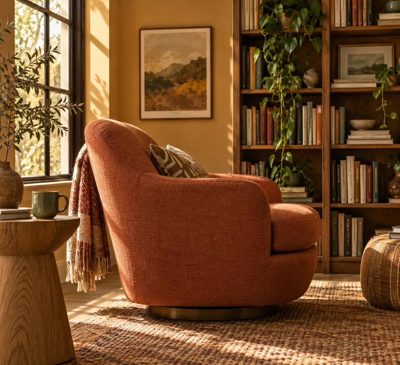 Rust-orange armchair beside a bookshelf in a sunlit reading corner