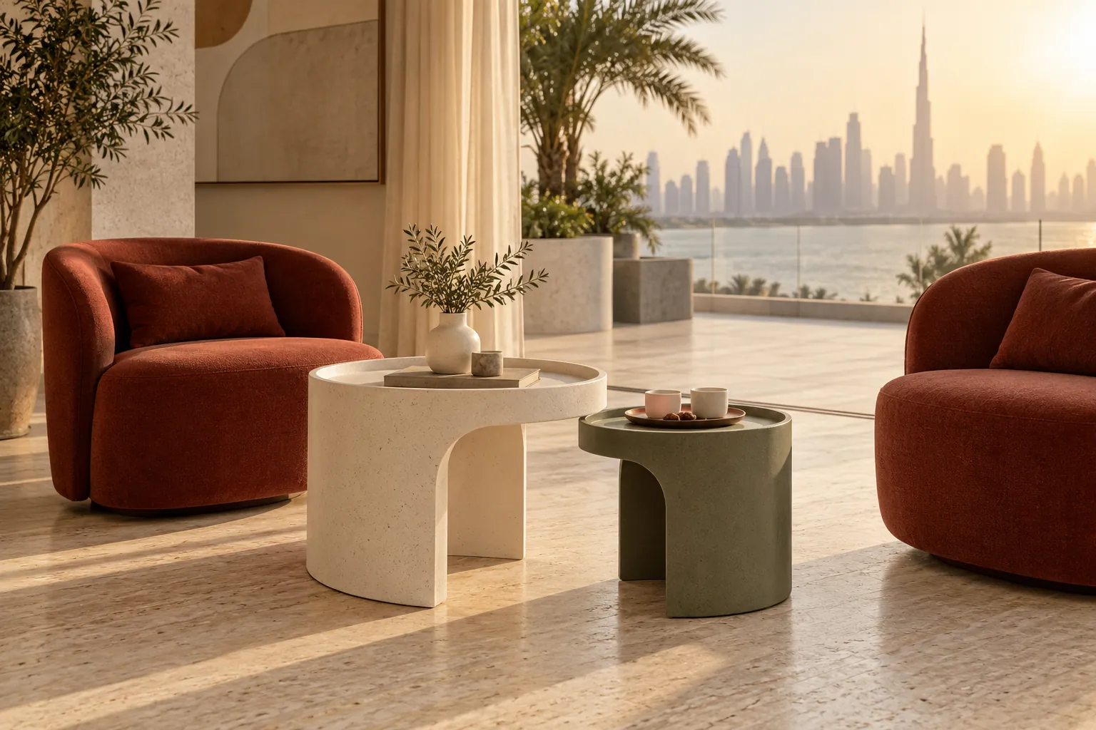 Rust-red lounge chairs with cream and sage tables in a waterfront room