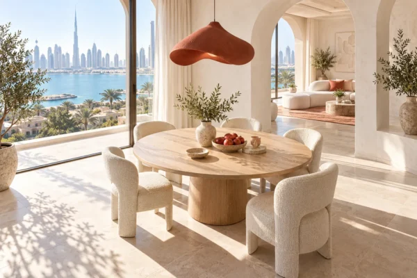Rust-red pendant above a pale oak table in an airy ivory dining room