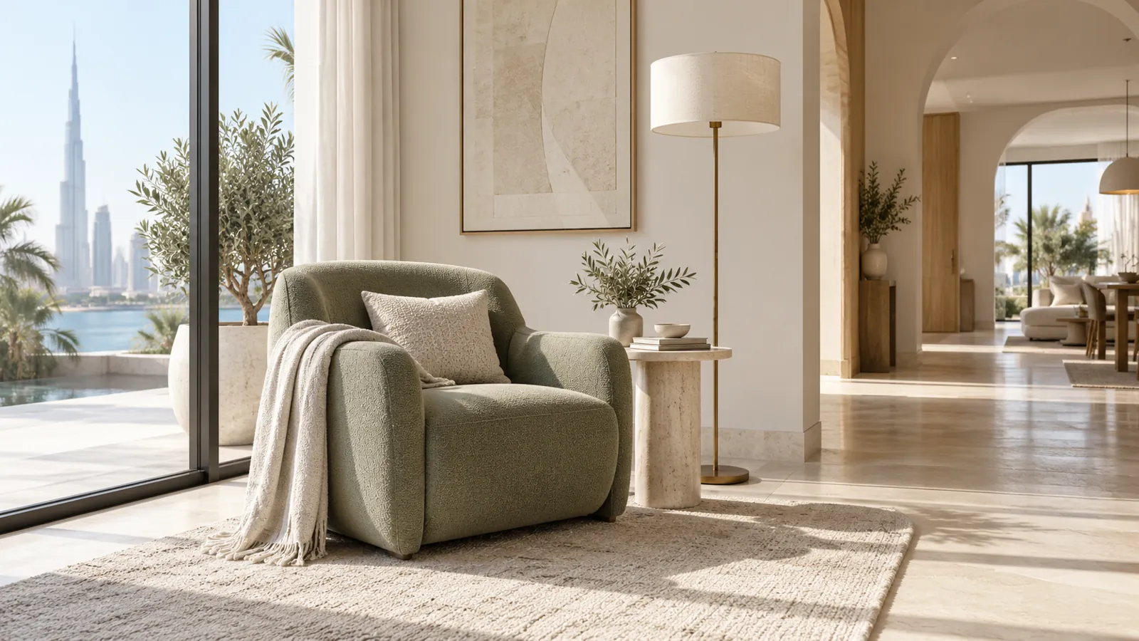 Sage green reading chair with lamp and side table in daylight