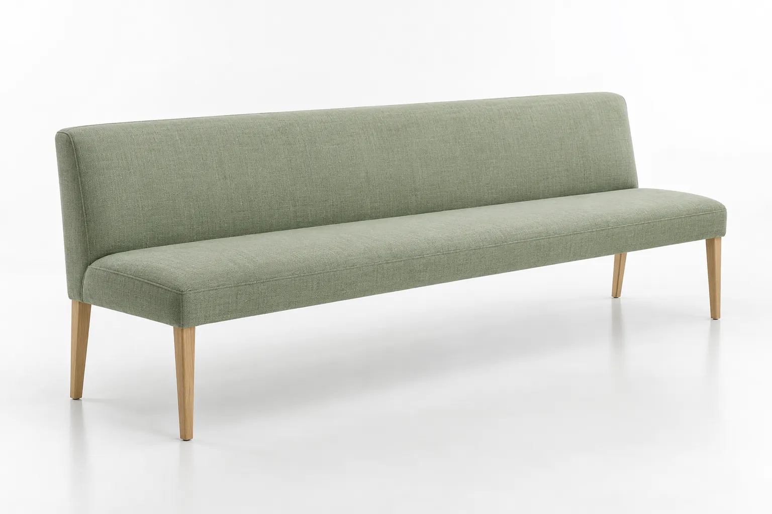 Sage upholstered bench with backrest shown in side profile