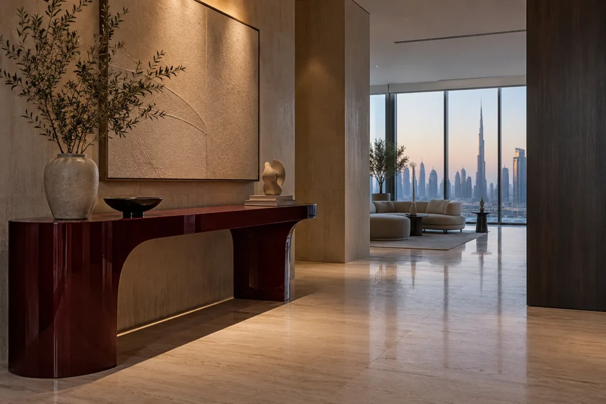 Sculptural dark console in a subdued Dubai entrance hall with abstract wall art.