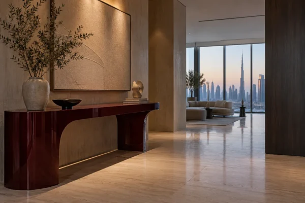 Sculptural dark console in a subdued Dubai entrance hall with abstract wall art.