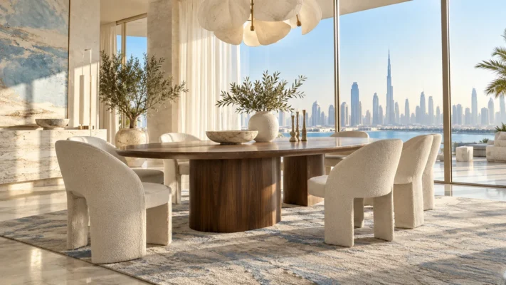 Sculptural dining chairs around an oval table in a bright Dubai dining room