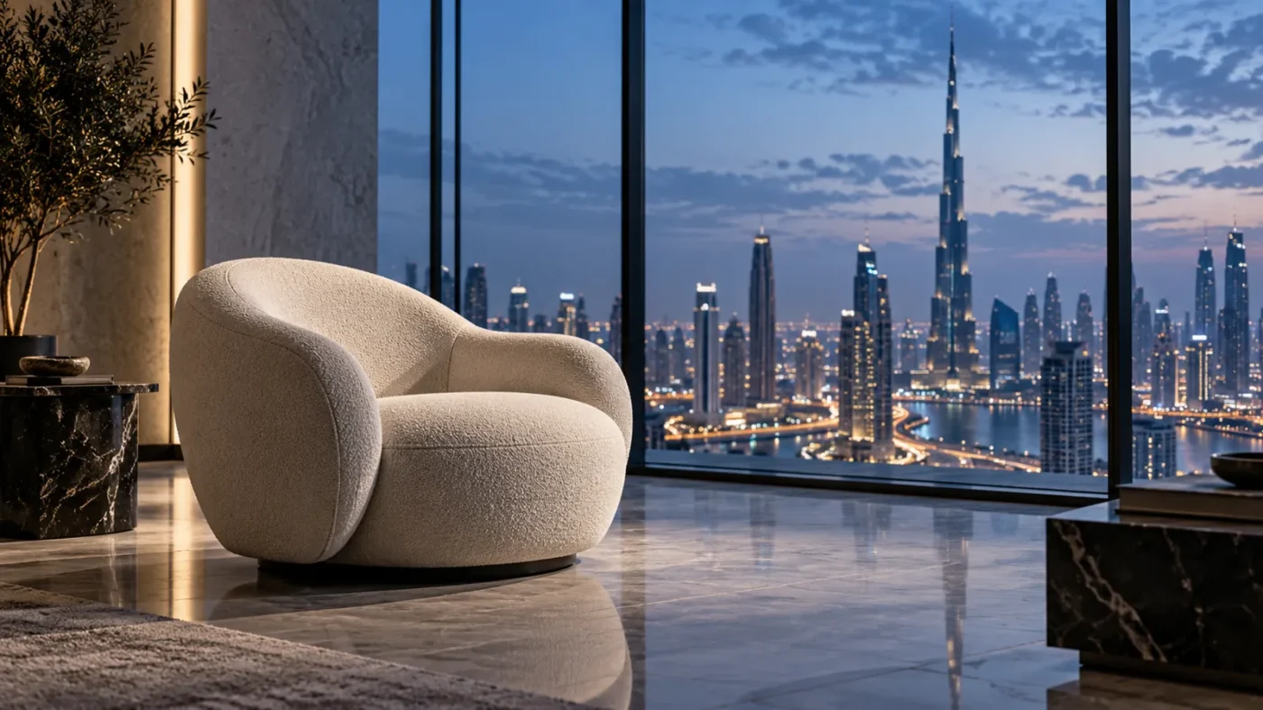 Sculptural ivory armchair in a cool blue Dubai penthouse at dusk