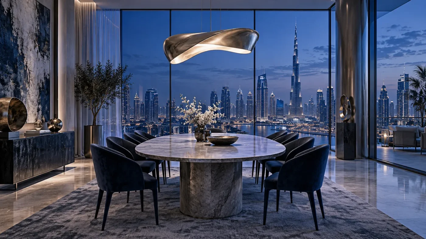 Sculptural pendant glowing above an oval dining table in a Dubai penthouse at blue hour