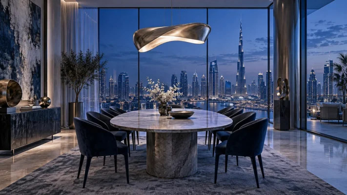 Sculptural pendant glowing above an oval dining table in a Dubai penthouse at blue hour