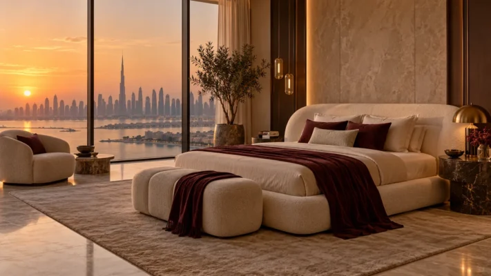 Sculptural upholstered bed in a Dubai penthouse at warm sunset
