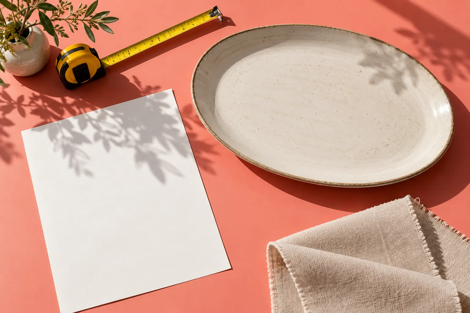 Serving platter and measuring tools on a coral planning workbench
