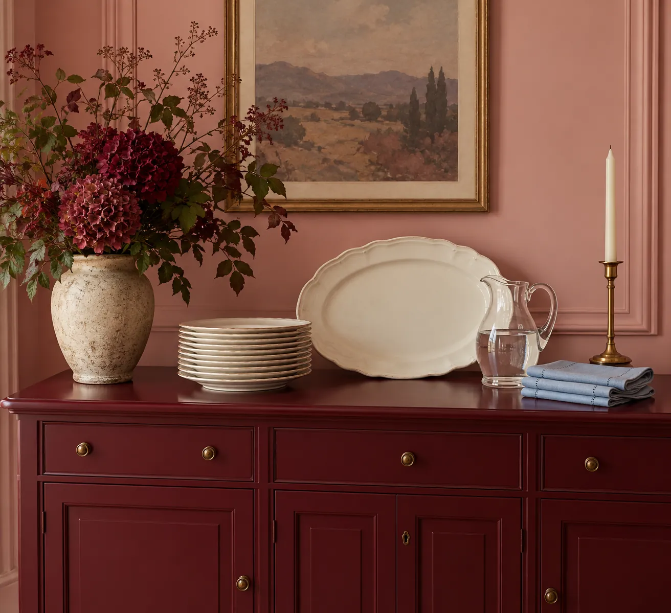 Serving platter, plates and water jug on a burgundy sideboard