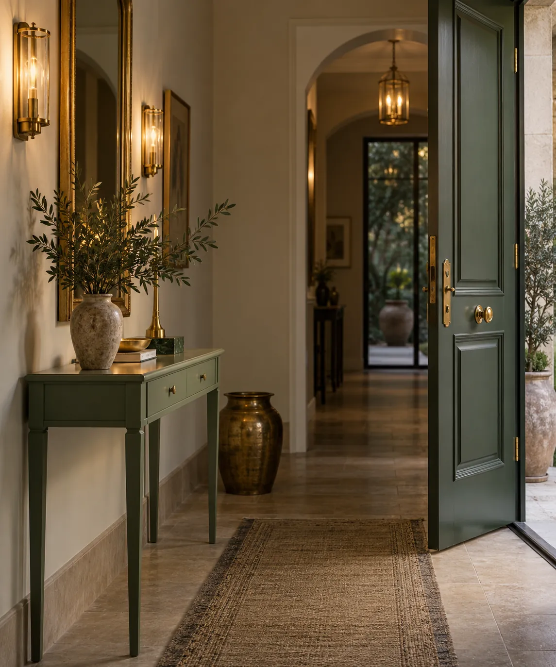 Slim green console beside an open door in a softly lit corridor.