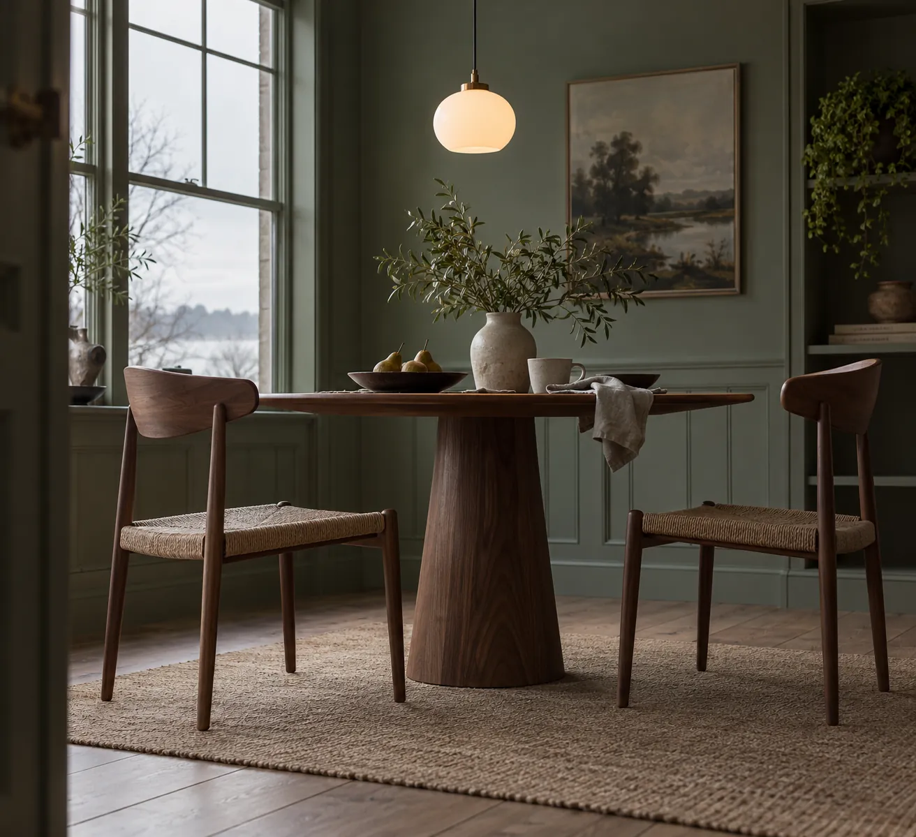 Small opal pendant above a dining table in a sage green room