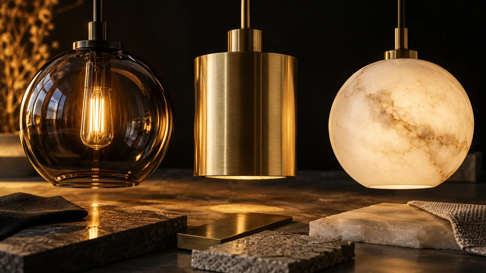 Smoked glass, brass and alabaster pendant material samples