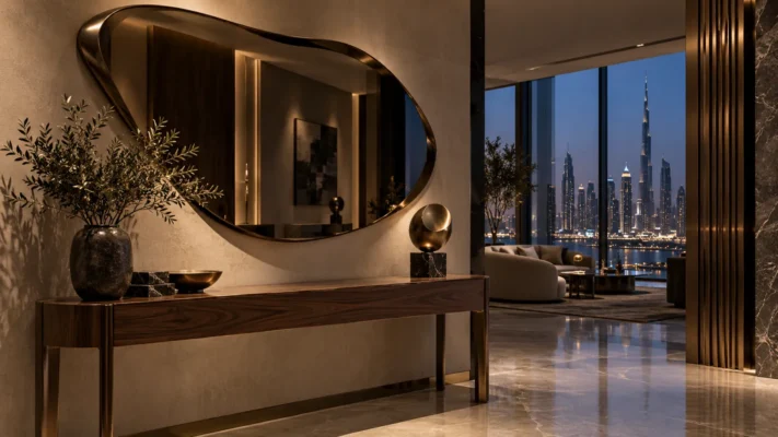 Smoked-glass mirror above a walnut console in a Dubai foyer at blue hour