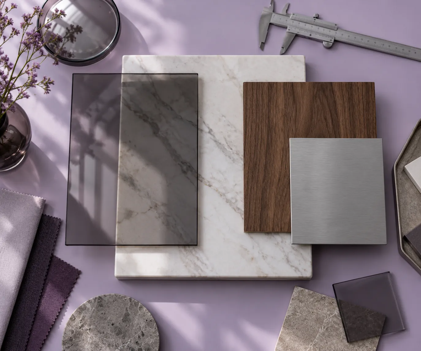 Stone, timber and metal finish samples with a caliper on a lavender worktable.