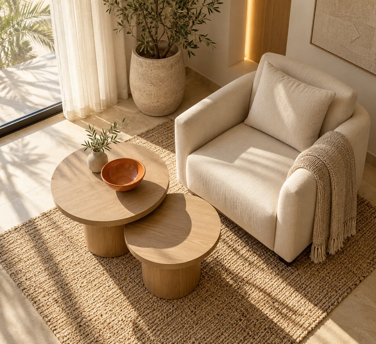 Sunlit cream armchair beside rounded wooden tables on a woven rug