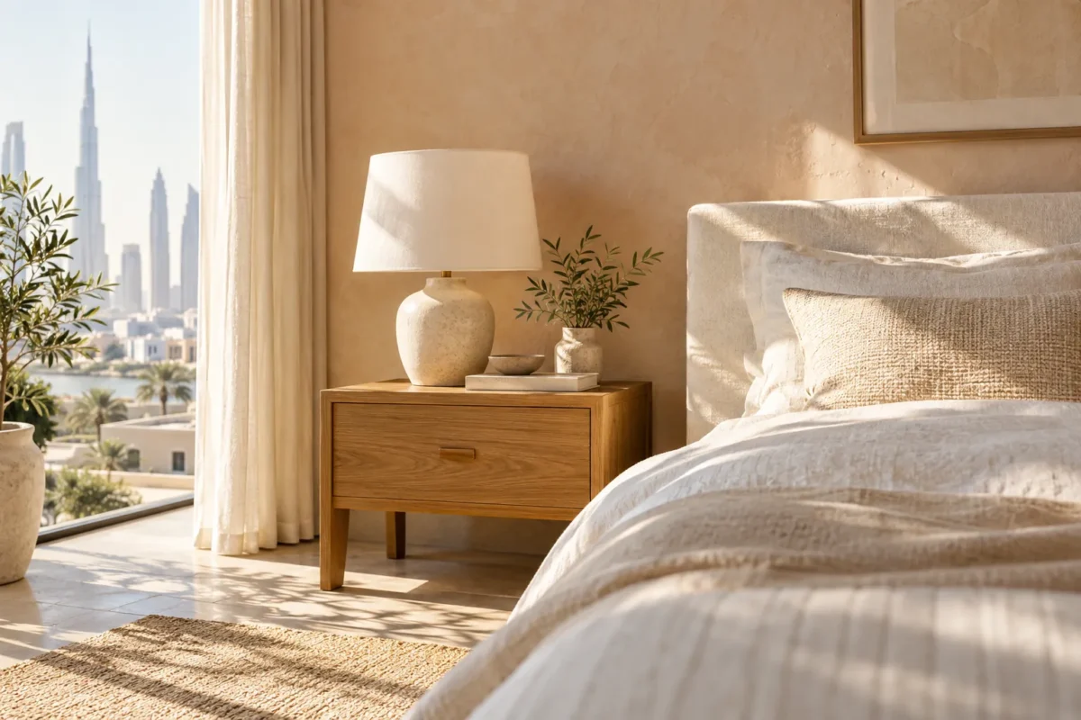 Sunlit cream bedroom with a wooden bedside table, ceramic lamp and tall window.