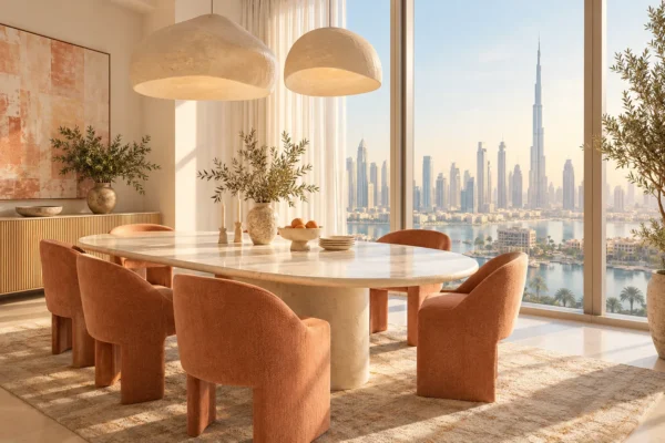 Sunlit dining room with ivory oval table and terracotta chairs