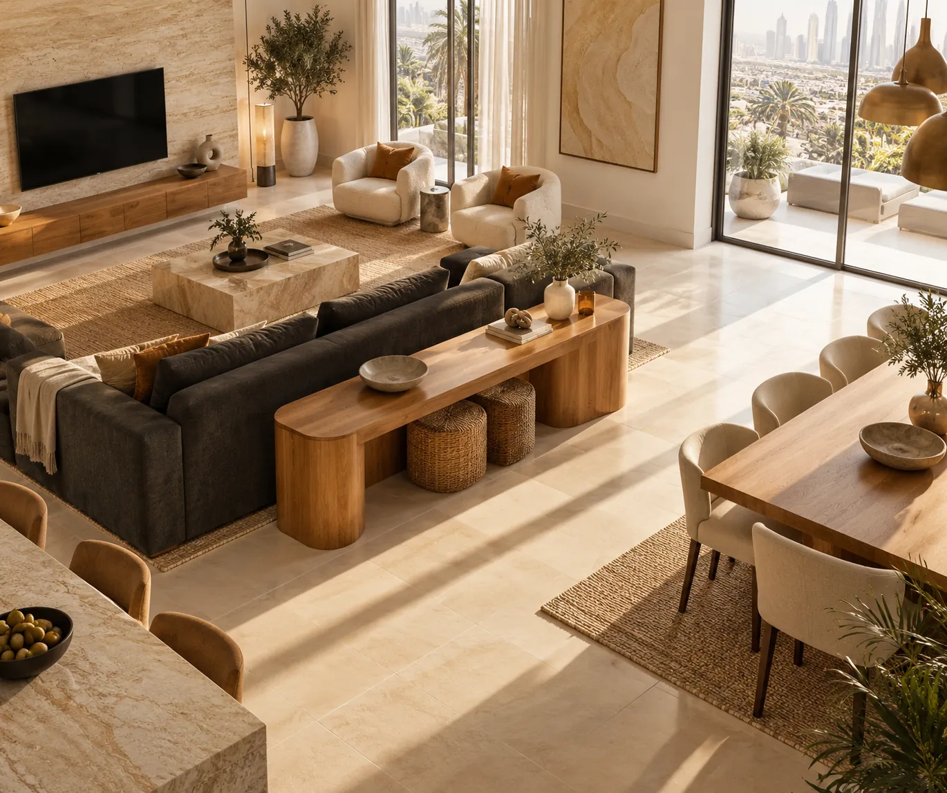 Sunlit open-plan living room with a timber console behind a dark sofa.