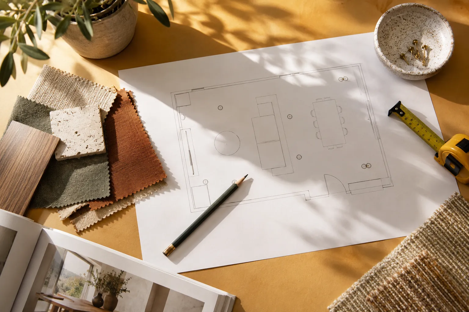 Sunlit workspace with lighting plan, samples and measuring tape