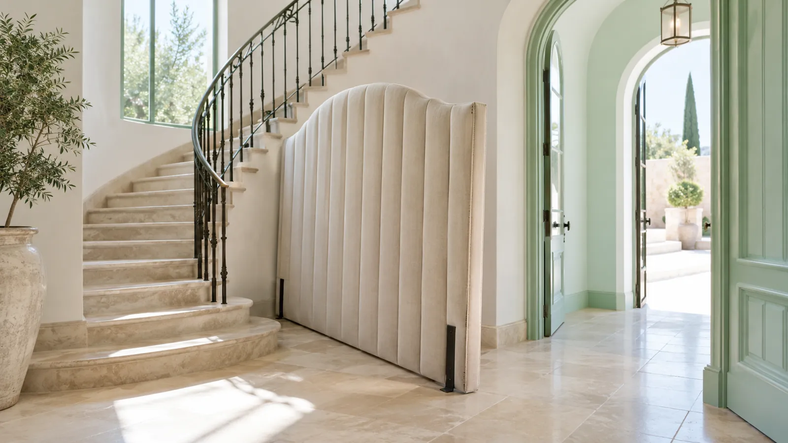 Tall headboard assessed beside a curved villa staircase