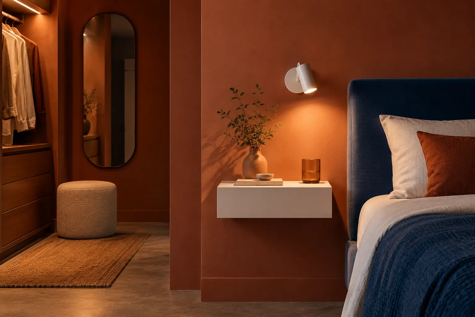 Terracotta bedroom with a blue headboard, white floating bedside drawer and wall light.