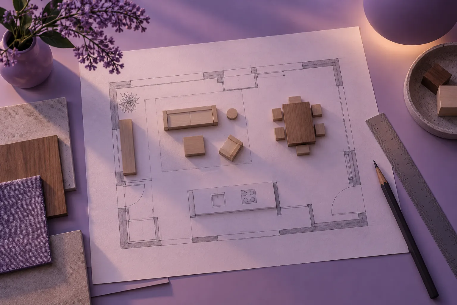 Unlabelled room plan and furniture blocks on a lilac planning desk