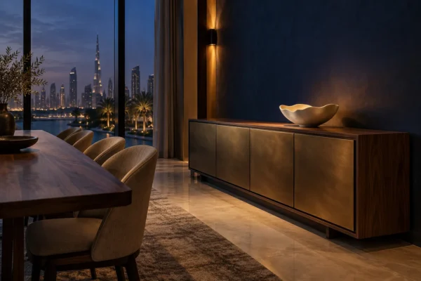 Walnut and bronze sideboard in a navy dining room at dusk