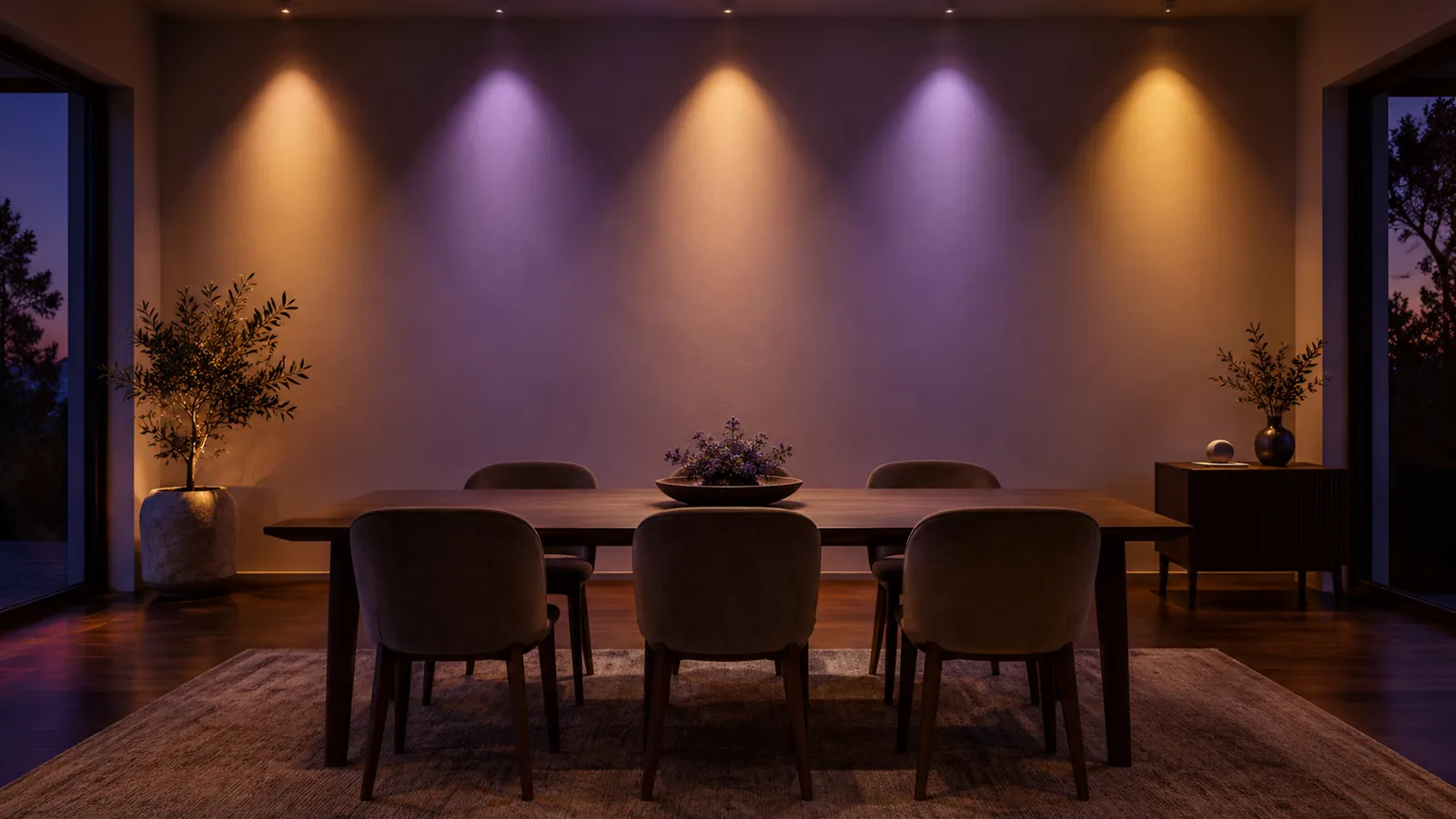 Warm and cool lighting scenes tested in an empty dining room