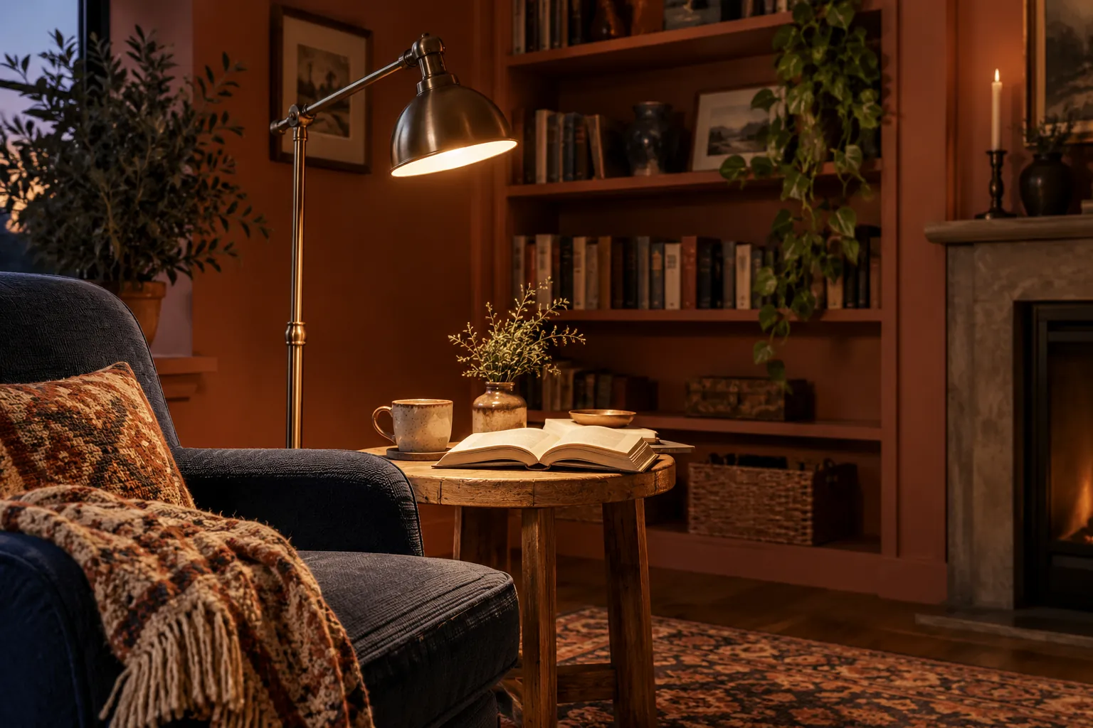 Warm library nook with dark armchair, task lamp and open book