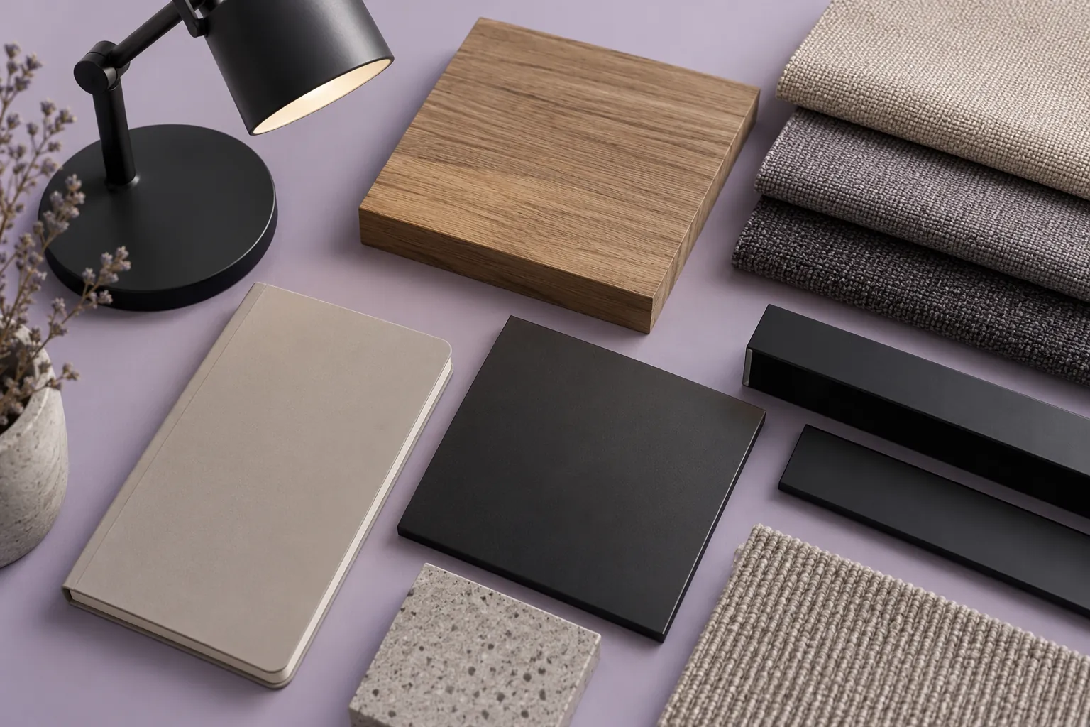 Wood and fabric desk finish samples on a lavender surface