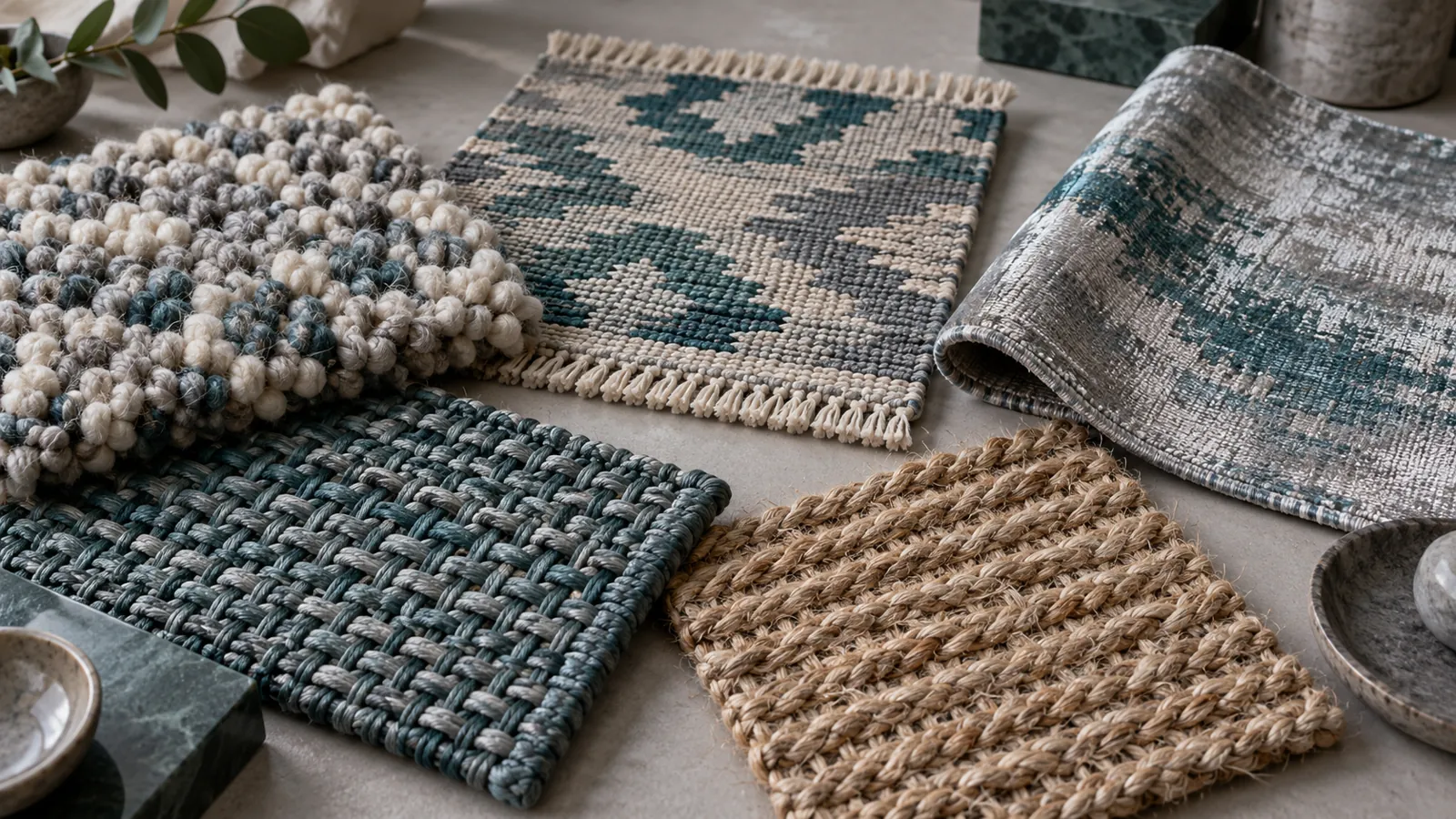Wool, flatweave, silk blend, synthetic and jute rug samples