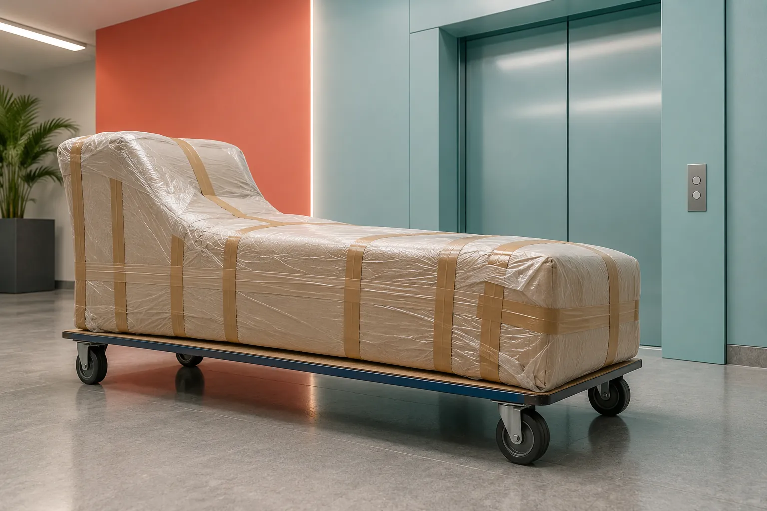 Wrapped chaise-shaped furniture parcel on a trolley beside teal lifts