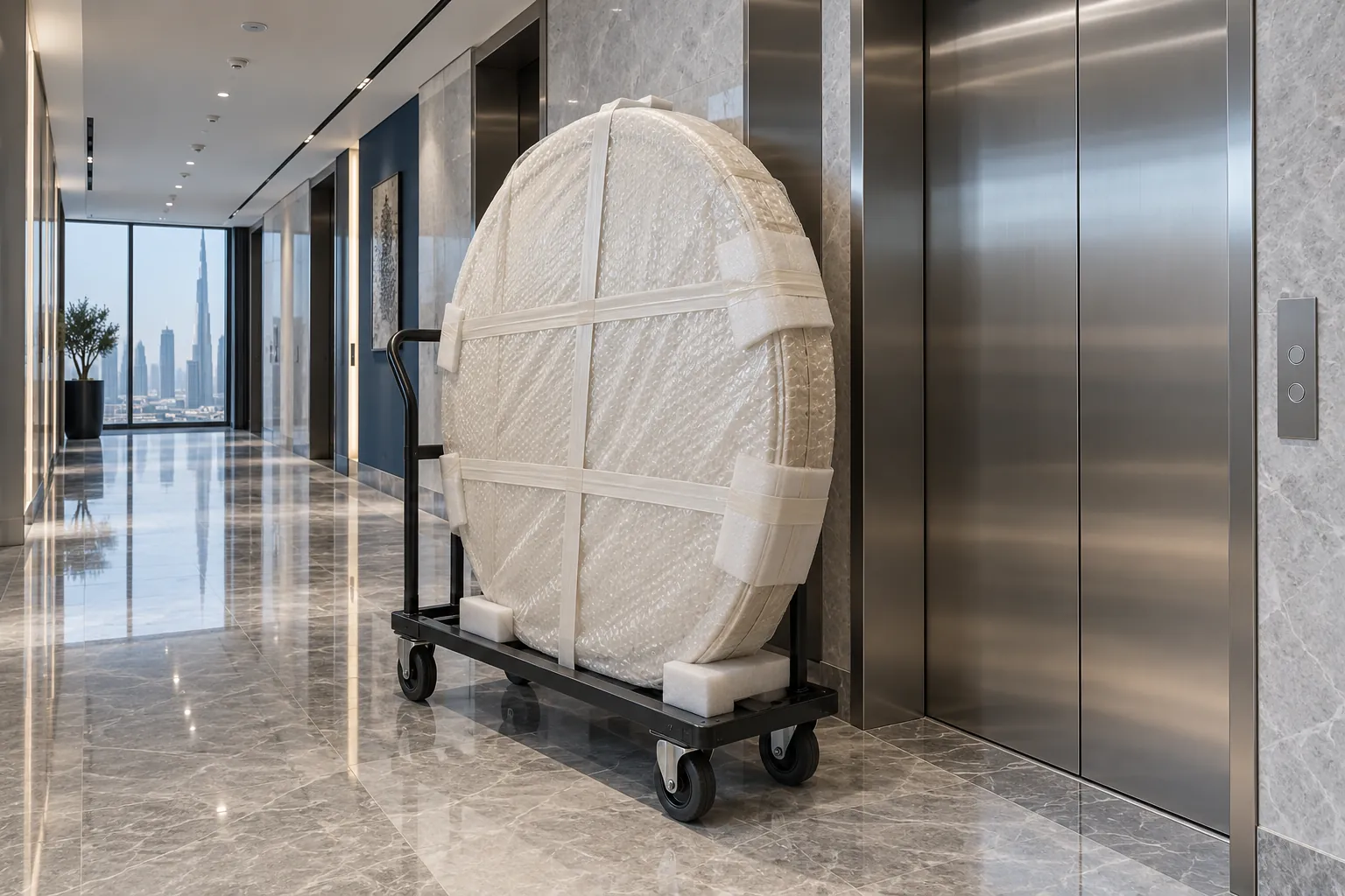 Wrapped circular furniture component on a trolley beside apartment lift doors